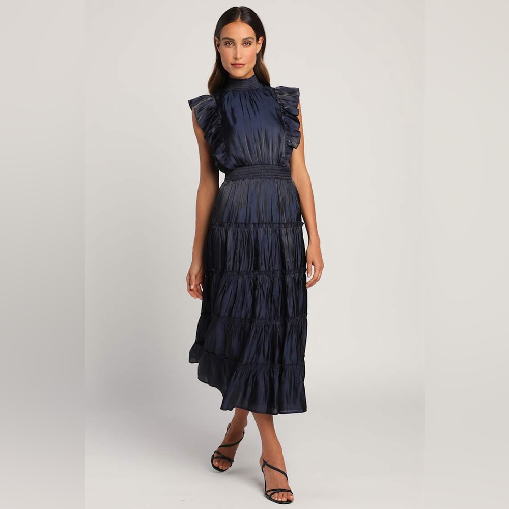 Lulus - Navy Blue Tiered Mock Neck Midi Dress - NWT
